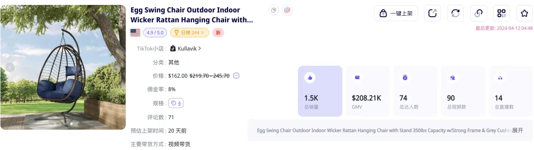 20天GMV突破百万！蛋形室外秋千椅在TikTok美区正值旺季！｜EchoTik选品洞察