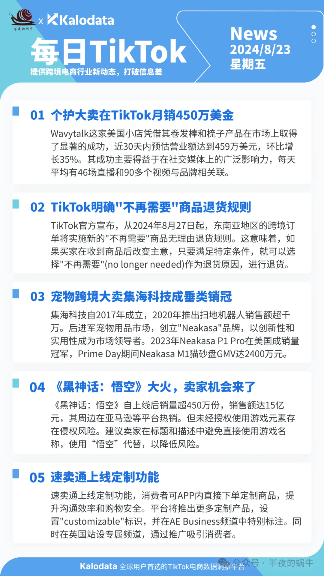 【TikTok日报24/08/23】个护月销450万!退货新规!宠物销冠!悟空大火📢🚀🔥🌿