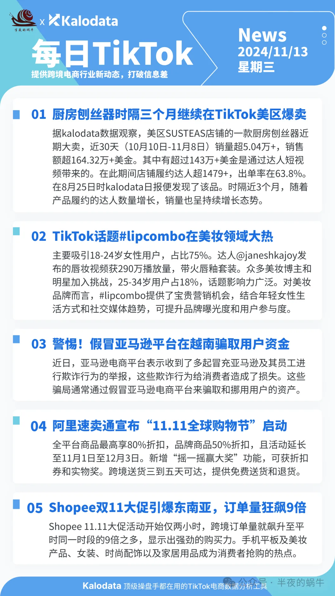 【TikTok日报24/11/13】厨房刨丝器持续爆卖!#lipcombo美妆大热!警惕假冒亚马逊!速卖通“11.11”启动!
