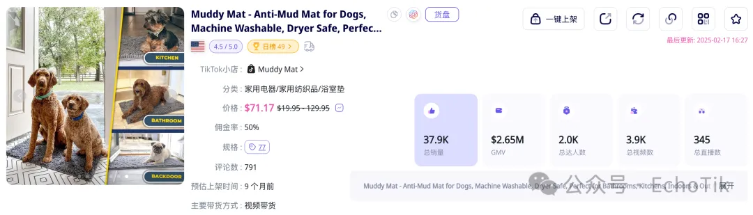 毛利率高品!这家小店靠售卖宠物防泥地垫在TikTok美国站卖出近300万美金!