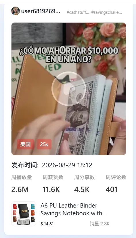 存钱赛道再出爆款,TikTok一款“理财手账”爆卖了近300万