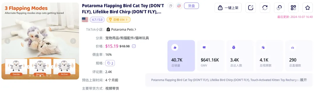 单品销量近5万,GMV超60万美金!高利润爆品宠物玩具在TikTok畅销|EchoTik选品洞察